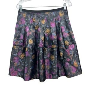 The Limited Women Flare Skirt Faux Satin Floral Pleated Zip Black Purple Size 2*